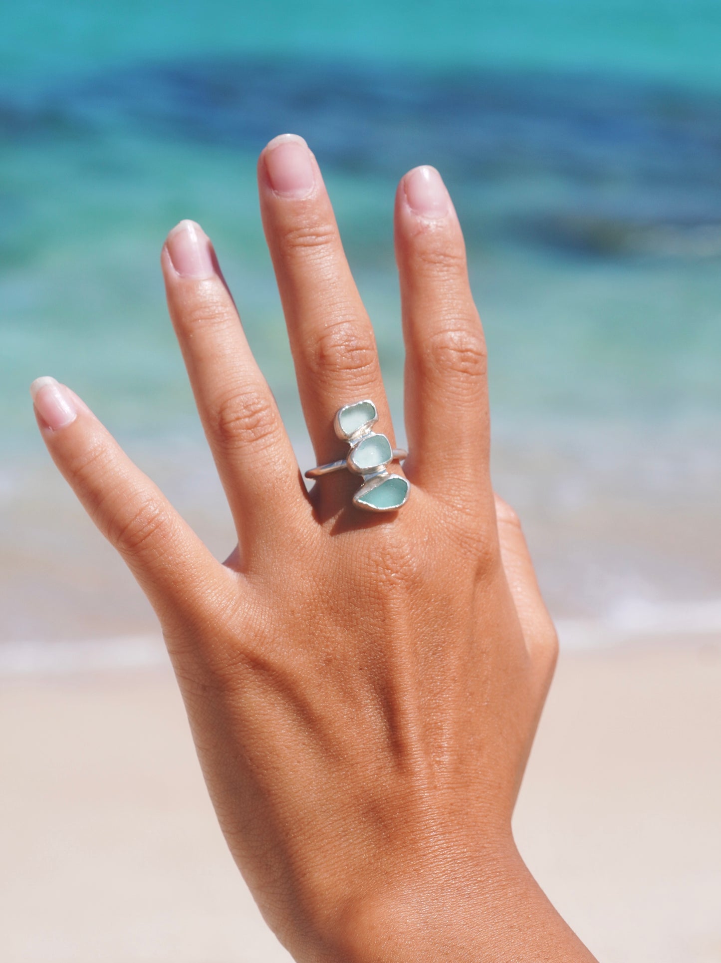 Blue Sea Glass Sterling Silver Ring