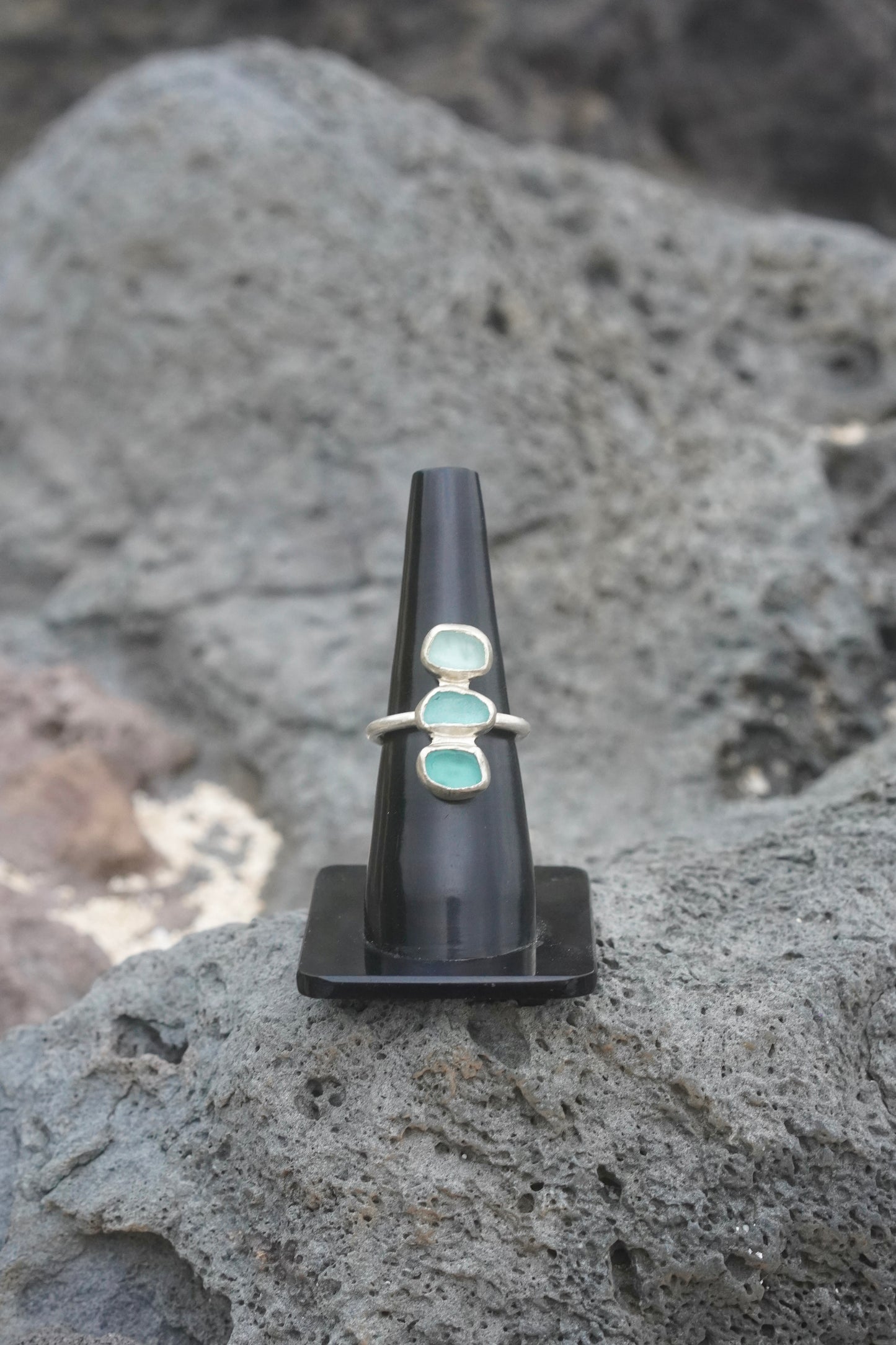 Blue Sea Glass Sterling Silver Ring