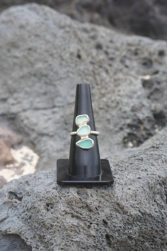 Blue Sea Glass Sterling Silver Ring