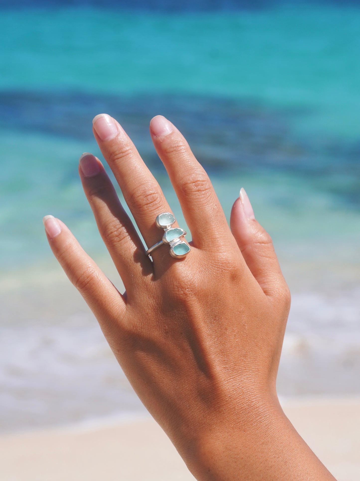 Blue Sea Glass Sterling Silver Ring